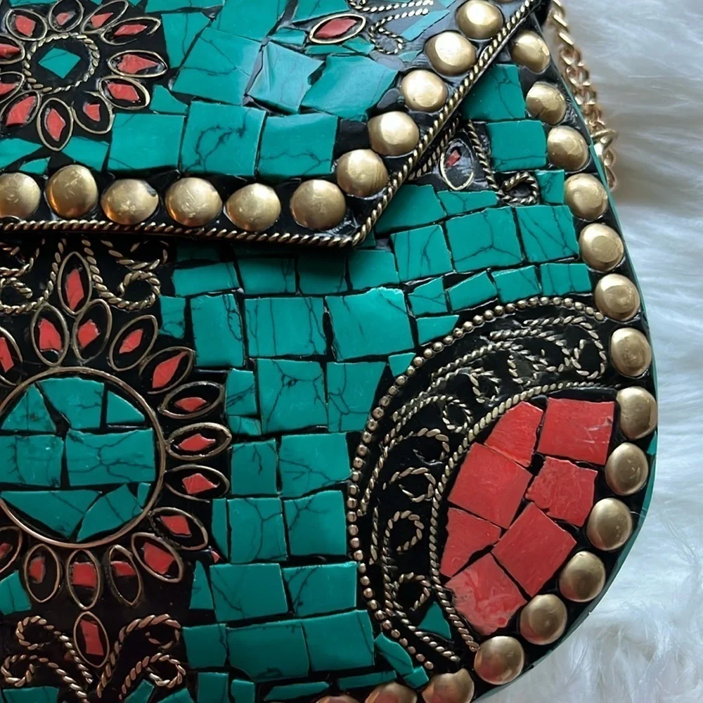 🆕 RAMLA Handmade Moroccan Turquoise Tile Mosaic Clutch Crossbody Bag Gold Chain